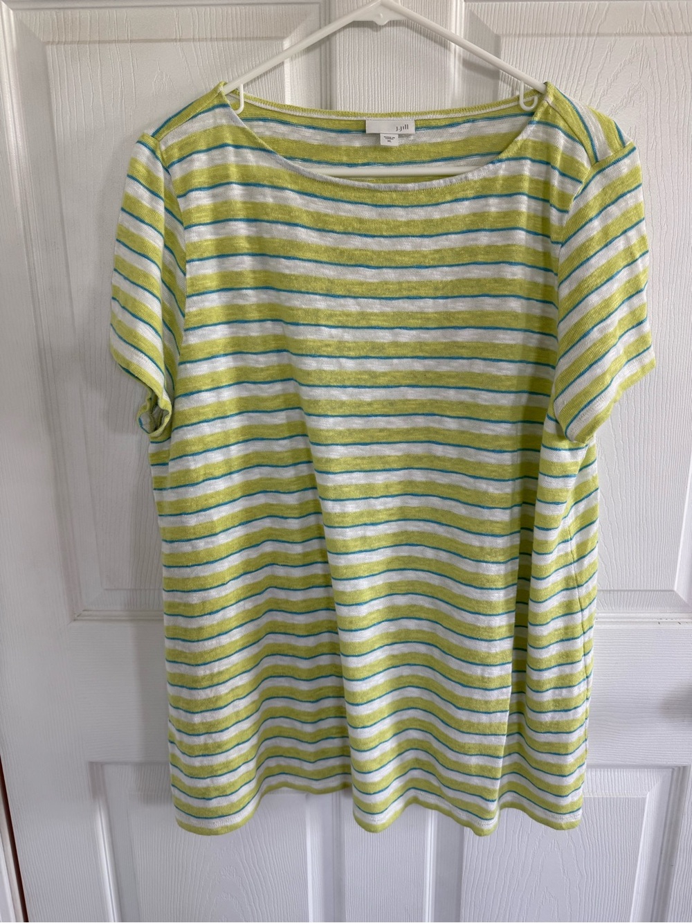 J.Jill XL Linen Cotton Blend Striped Top Lime Green Blue Coastal Casual Shirt
